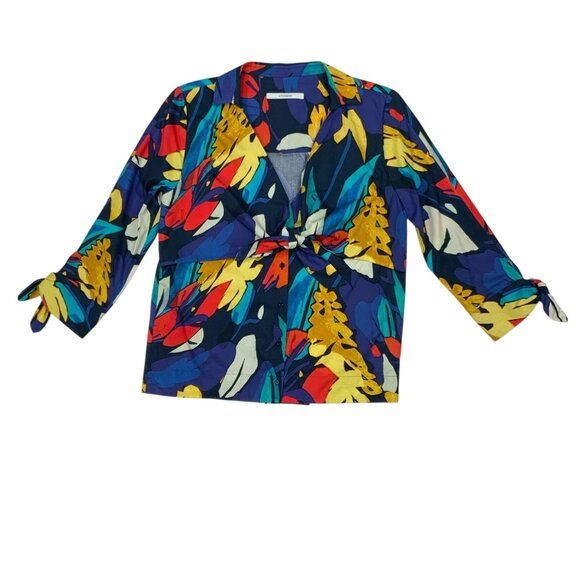 Uterque Bows And Coloured Brushstroke Print Blouse S 26 Tie Front - Picture 15 of 15